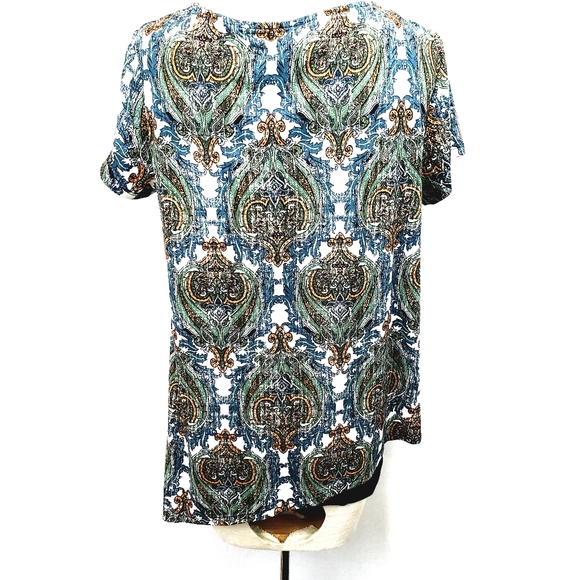 AB Studio Asymmetric Print Scoop Neck Short Sleeve Top Blouse Shirt Size L EUC - Picture 2 of 15